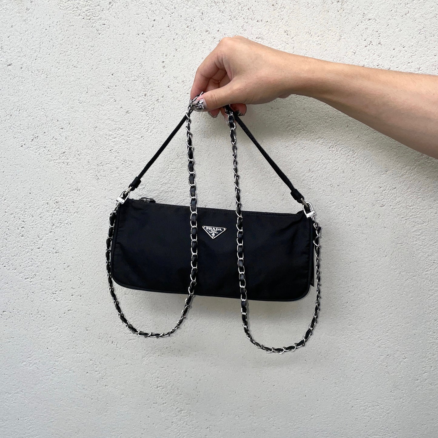 PRADA Triangle Logo Accessory Pouch Hand Bag Black & Silver