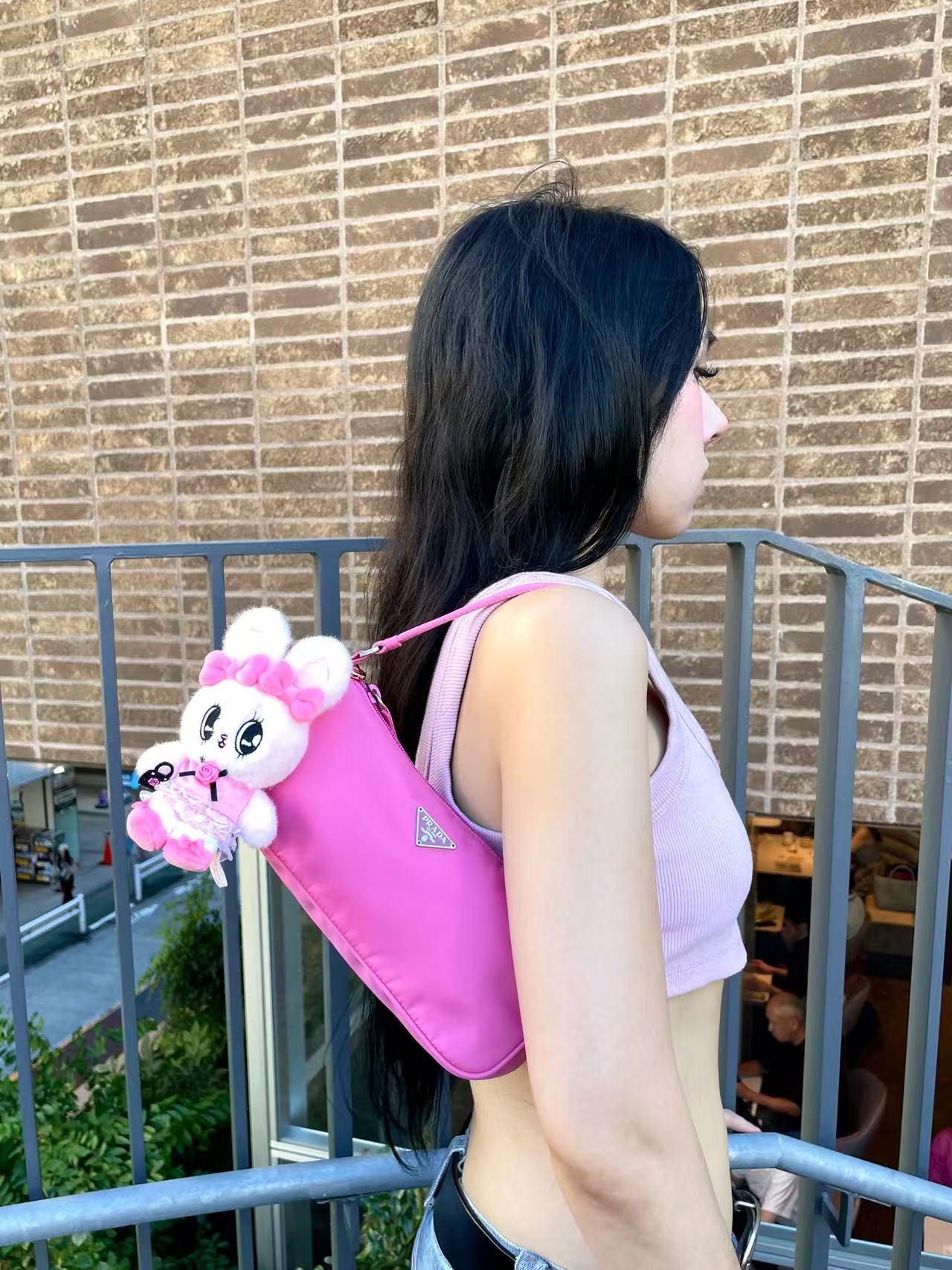 PRADA Triangle Logo Nylon Accessory Pouch Hand Bag Pink &amp; Silver