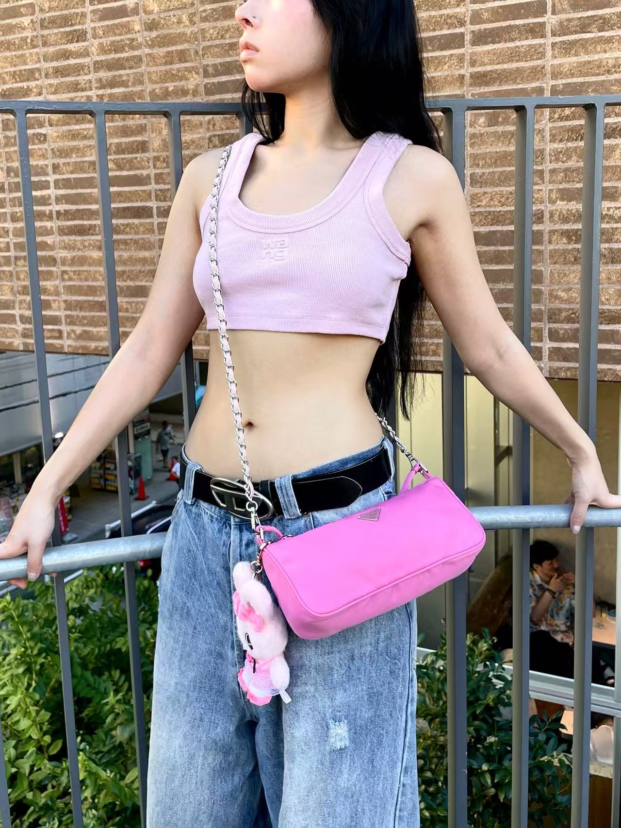 PRADA Triangle Logo Nylon Accessory Pouch Hand Bag Pink &amp; Silver