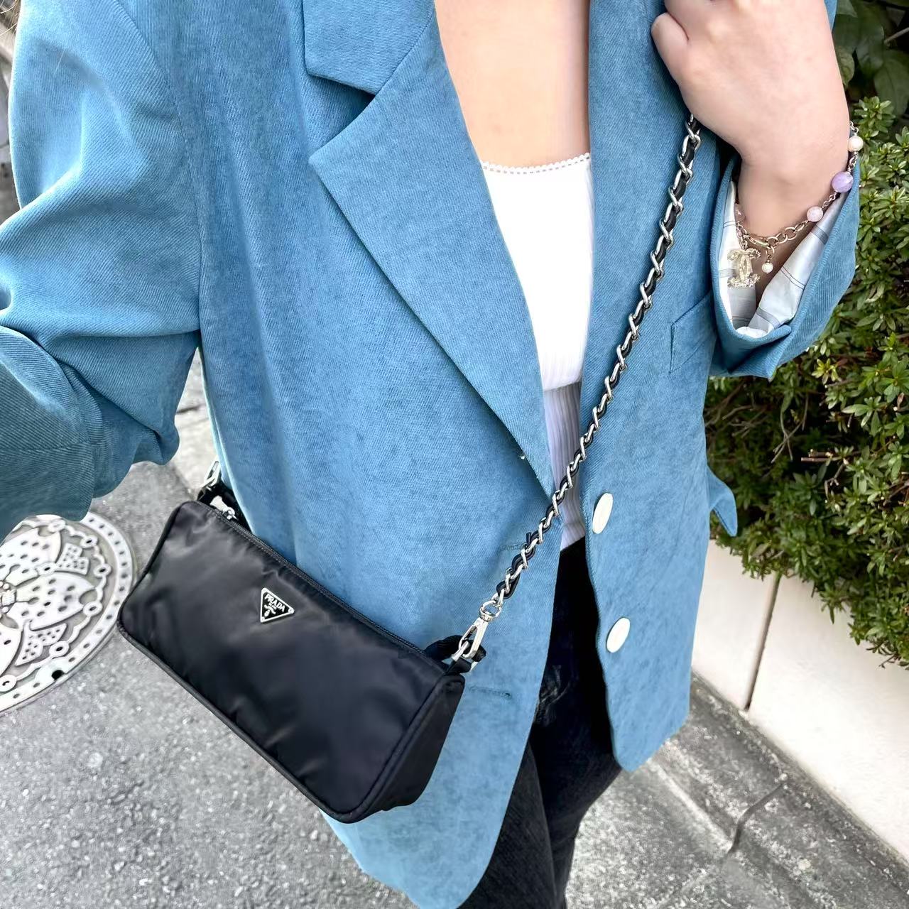 PRADA Triangle Logo Accessory Pouch Hand Bag Black & Silver