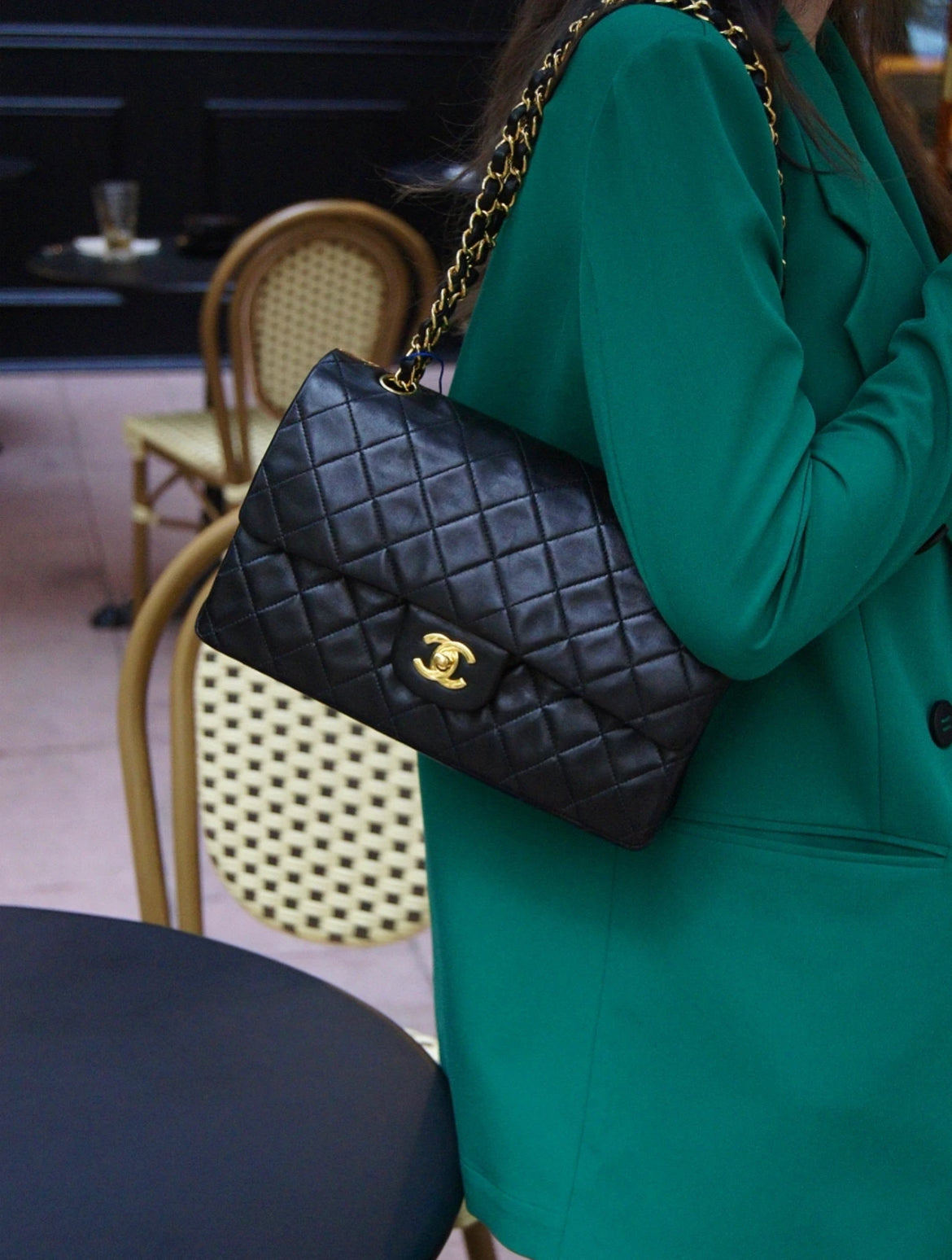 CHANEL Matelassé Lambskin Leather Classic Flap Chain Shoulder Bag MM 25cm Black &amp; Gold #