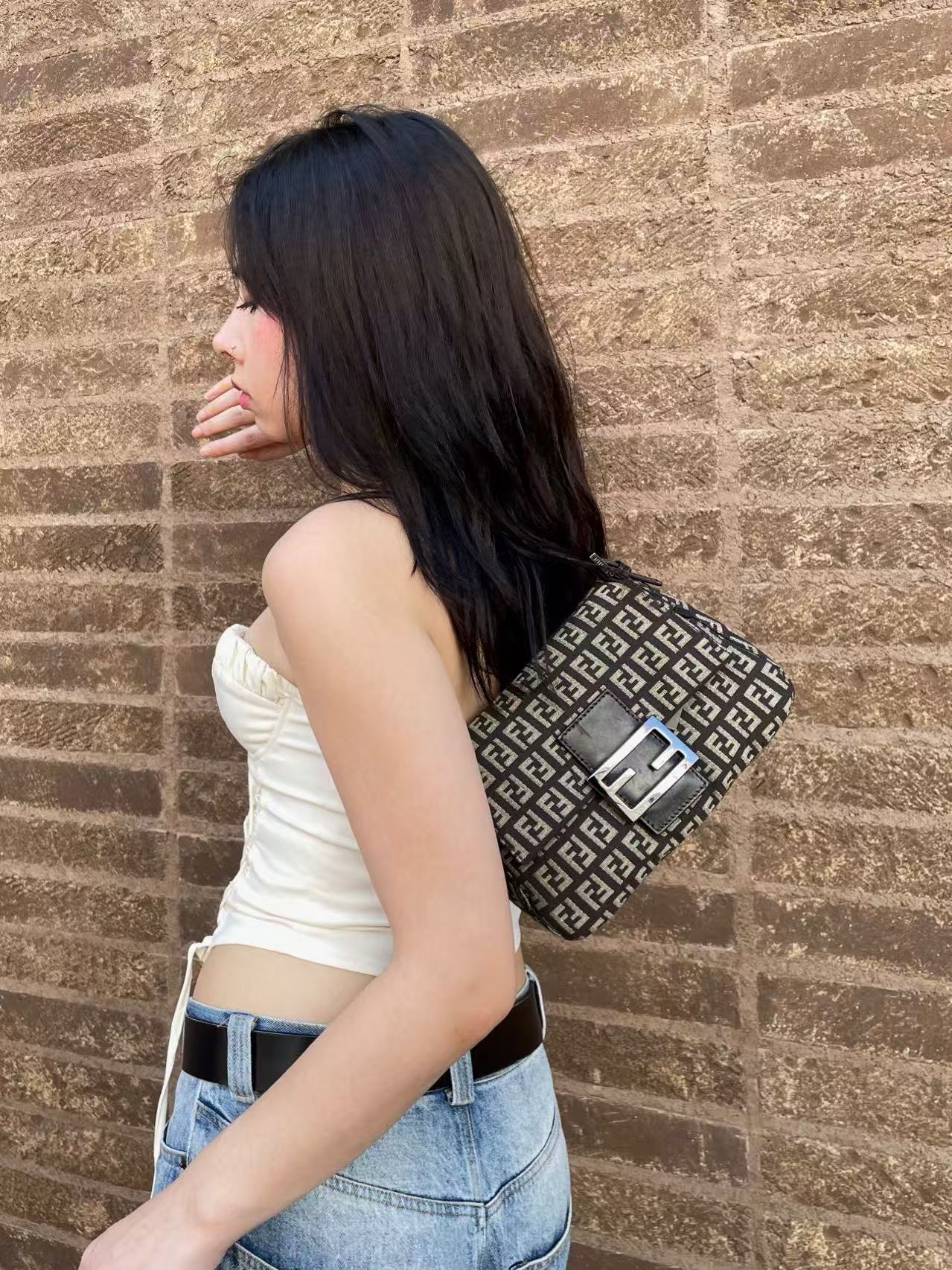 FENDI Zucchino Mini Mamma Baguette Shoulder Bag Brown &amp; Black