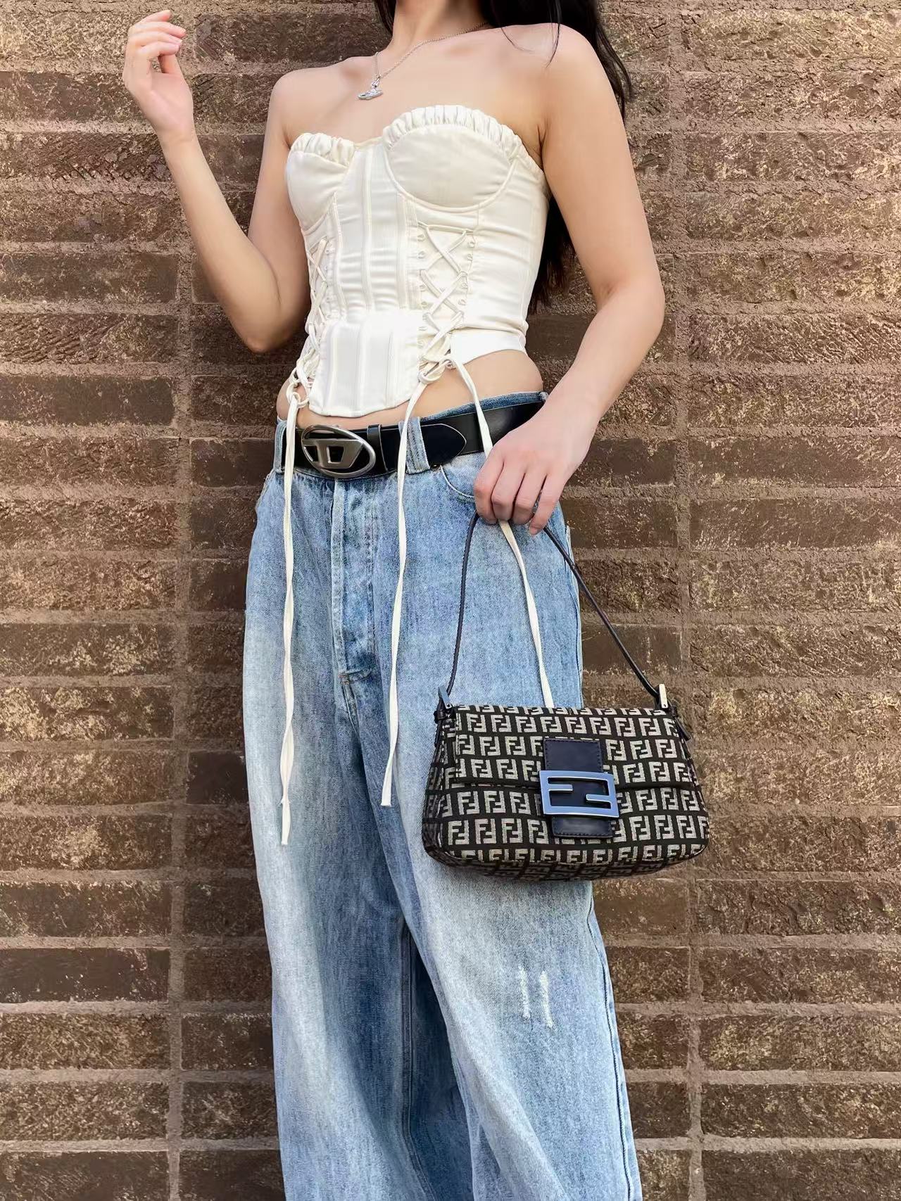 FENDI Zucchino Mini Mamma Baguette Shoulder Bag Brown &amp; Black