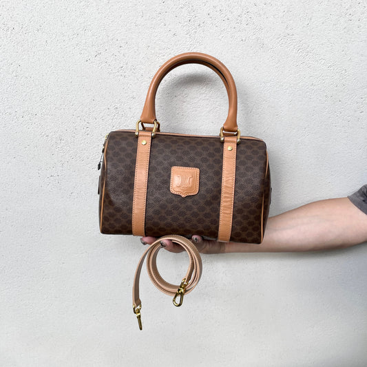 CELINE Macadam Canvas coated Boston Handbag PM Brown &amp; Gold