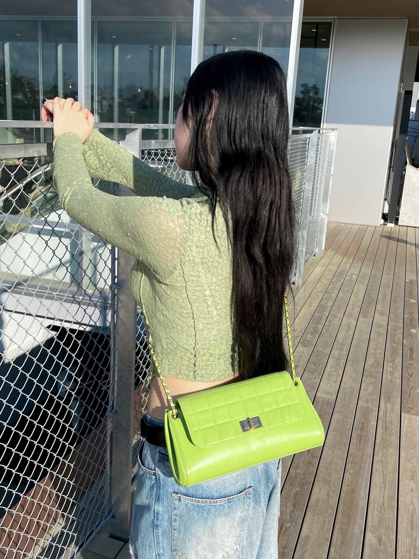 RARE☆☆☆ CHANEL Choco Bar 2.55 Double Chain Shoulder Flap Bag Green Lambskin Leather