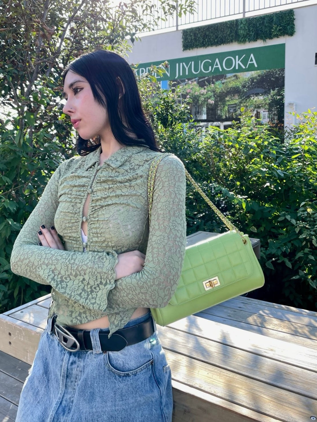 RARE☆☆☆ CHANEL Choco Bar 2.55 Double Chain Shoulder Flap Bag Green Lambskin Leather