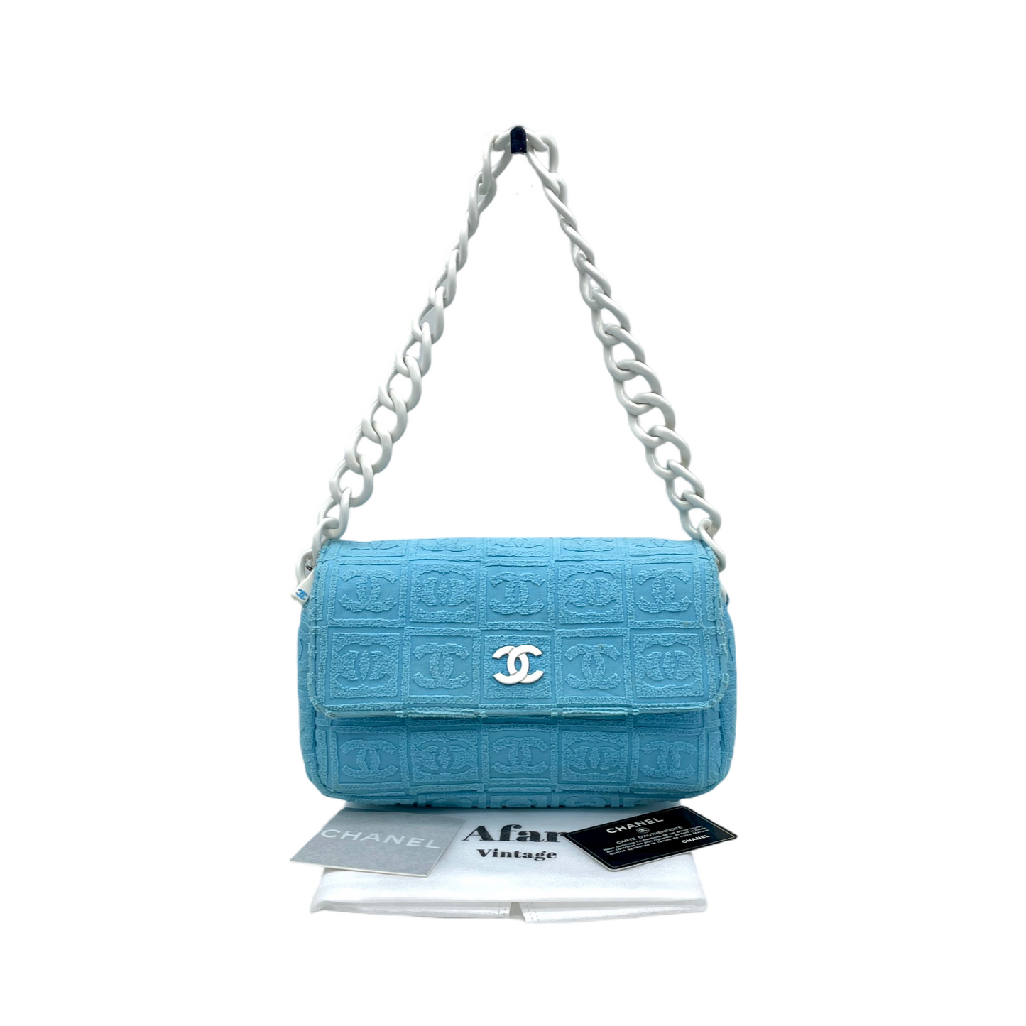 RARE☆☆☆☆CHANEL 2001 CC LOGOS Flocking Acrylic Chain Shoulder Single Flap Bag Baby Blue &amp; White