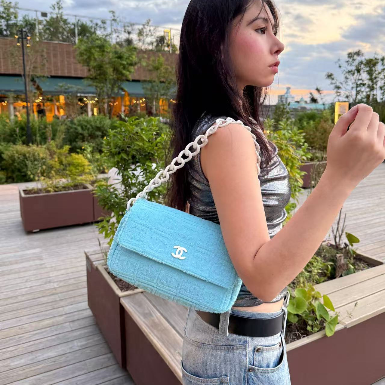 RARE☆☆☆☆CHANEL 2001 CC LOGOS Flocking Acrylic Chain Shoulder Single Flap Bag Baby Blue &amp; White