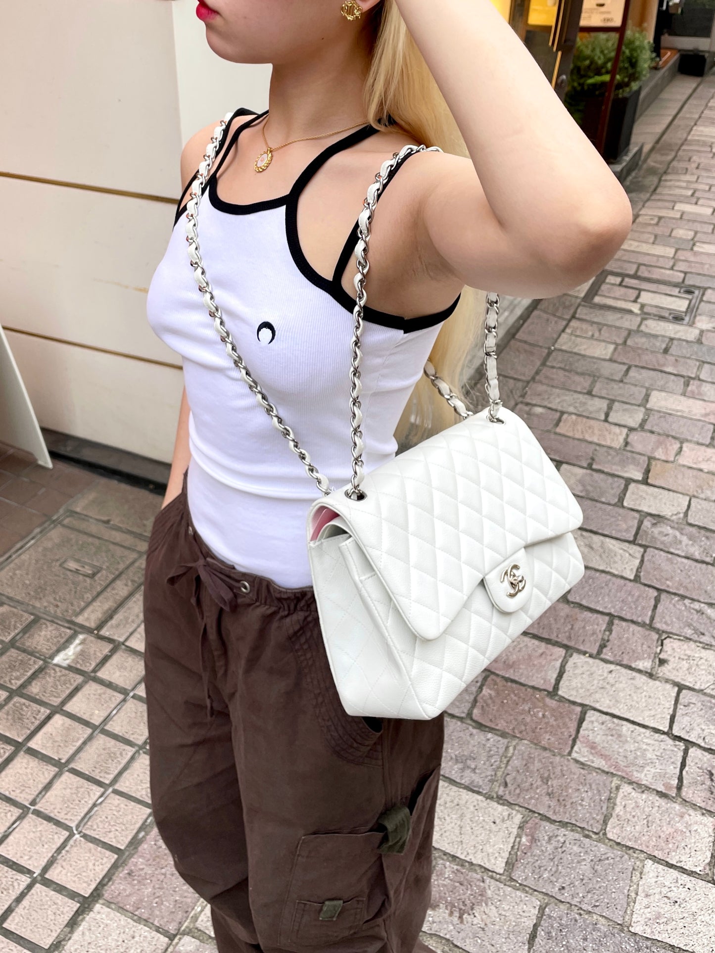 RARE☆☆☆CHANEL Caviar Skin Matelasse Coco Mark Turn Rock Classic Flap GM White SHW