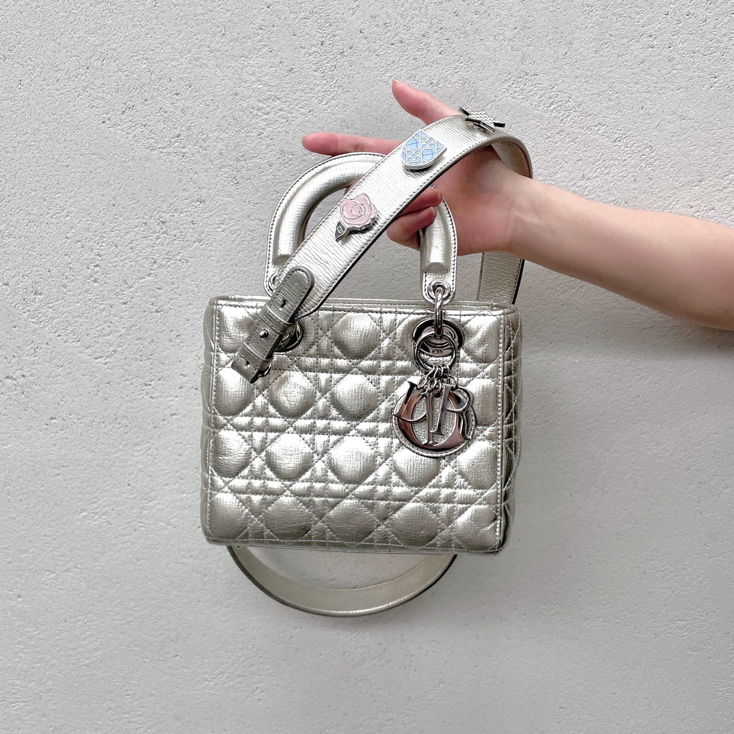 RARE☆☆☆☆☆Auth CHRISTIAN DIOR Lady-Dior Cannage 2-Way Hand Bag Small Silver Badge Parts Shoulder Strap