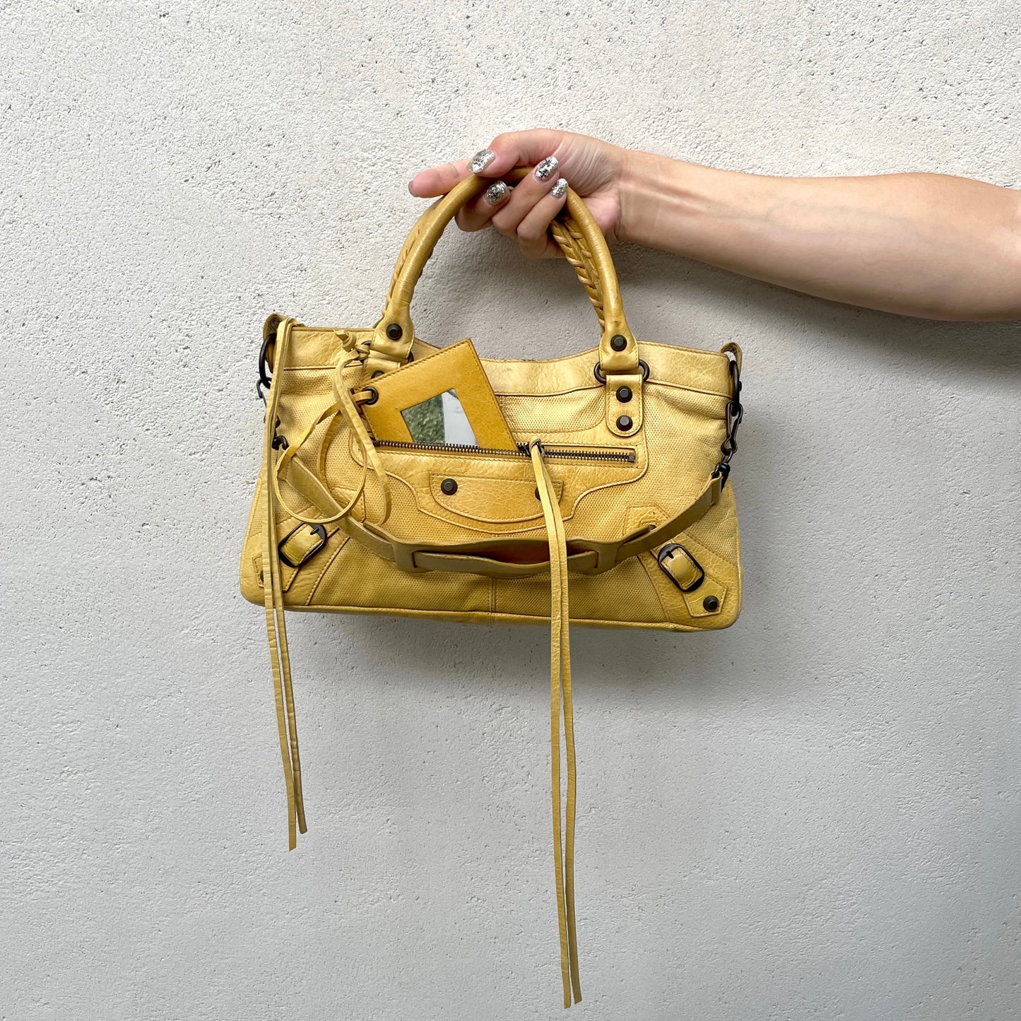 RARE☆☆☆☆Balenciaga Punching Leather Le City First 2Way Hand Bag with Strap Yellow &amp; Brass Hardware