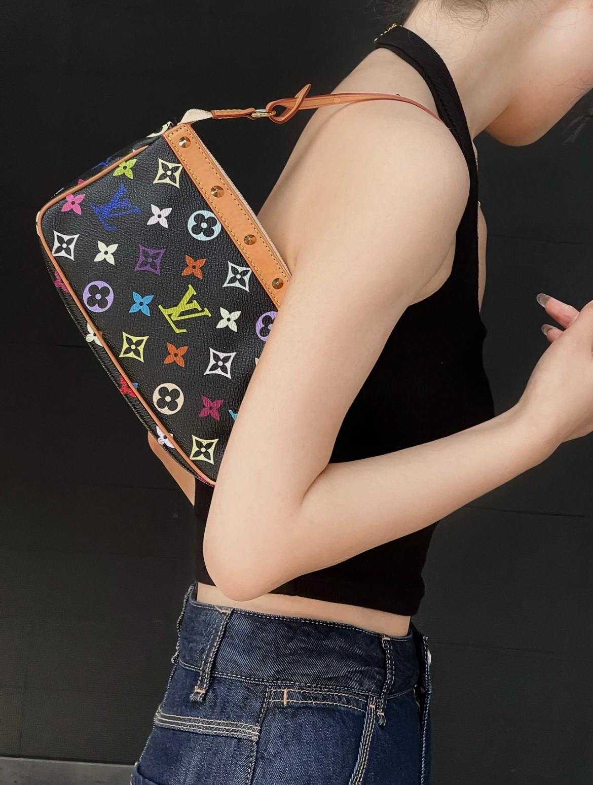 RARE☆☆☆ LOUIS VUITTON Monogram Multicolor Black Pochette Accessoires Pouch M92648 Shoulder Bag