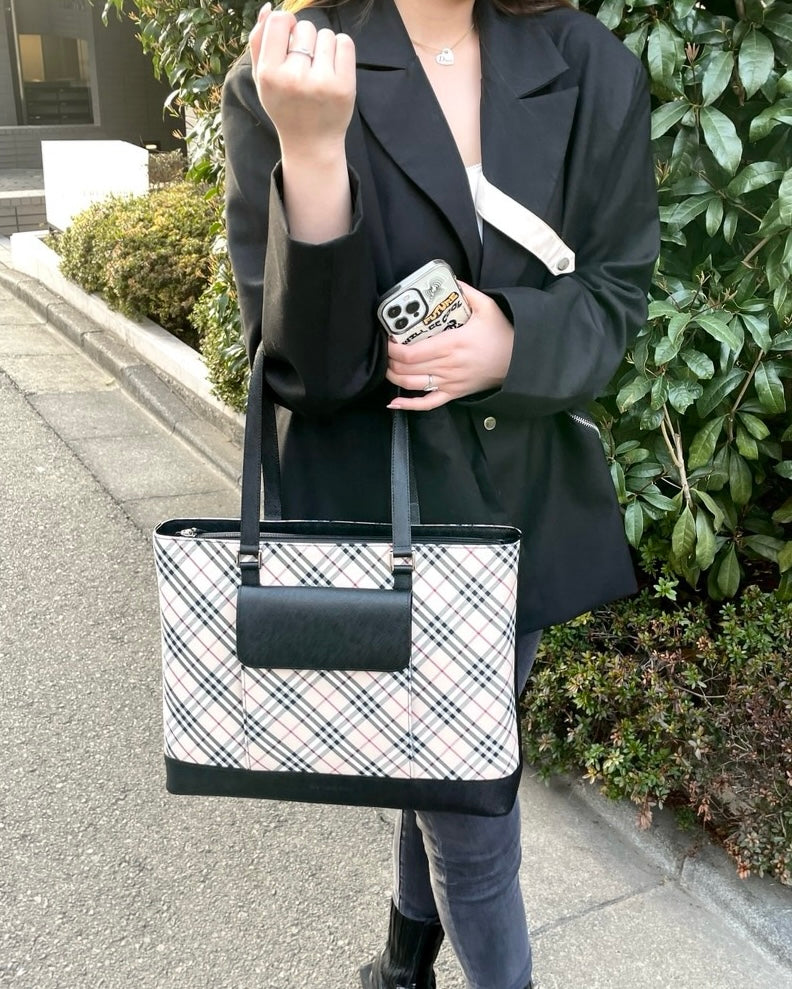 BURBERRY Checkered Shoulder Tote Bag Canvas/Leather Beige/Black