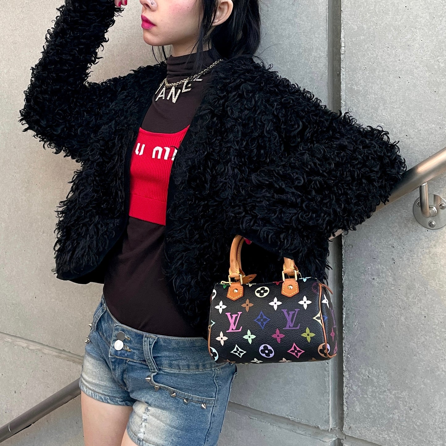 RARE☆☆☆☆LOUIS VUITTON Monogram Multicolor Black Mini Speedy M92644 Hand Bag/ With Shoulder Strap