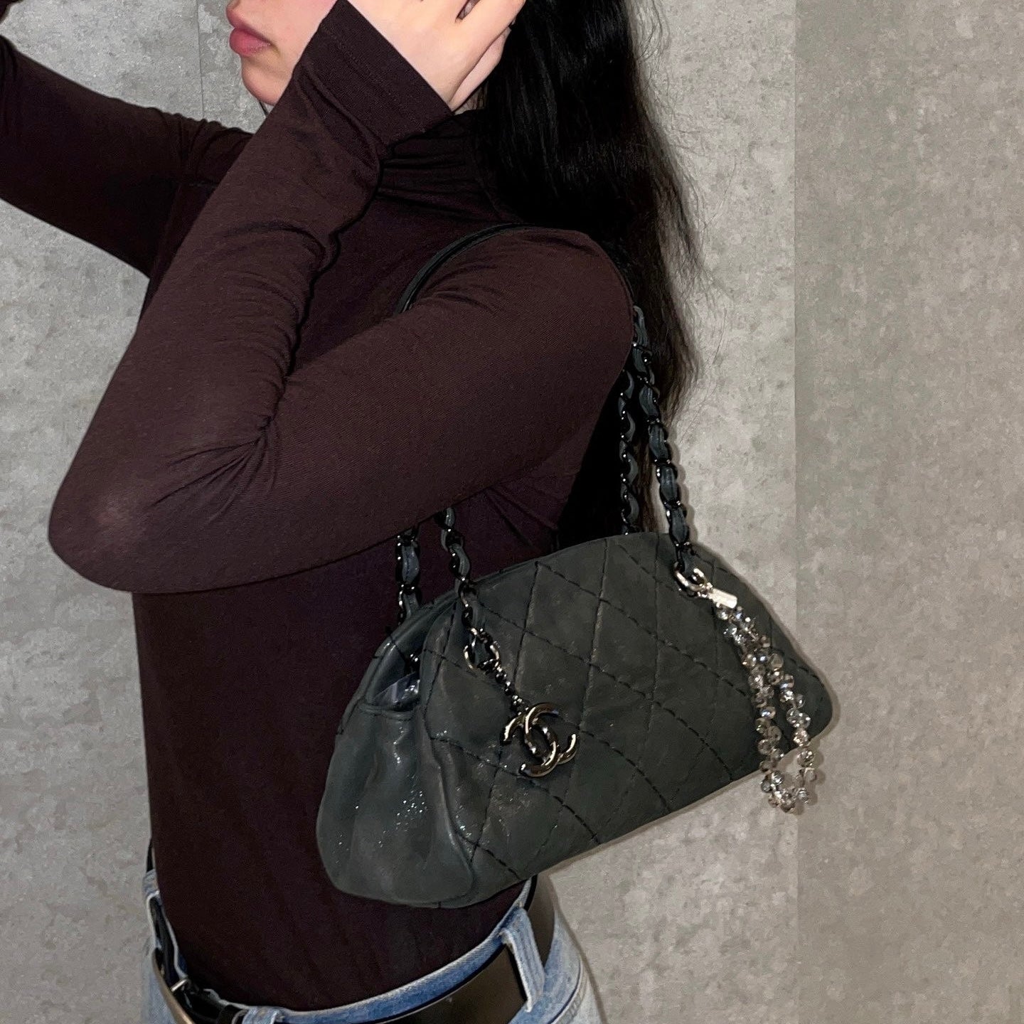 RARE☆☆☆CHANEL 2010 IRIDESCENT CALFSKIN Matelassé CC Charm 2-Way Chain Shoulder Bag Dark Green & Black