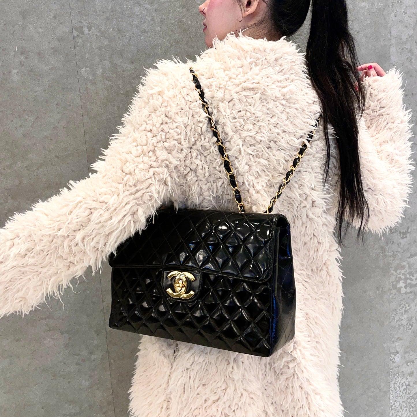 RARE☆☆☆CHANEL Enamel Matelassé Jumbo CC LOGO Double Chain Shoulder Single Flap Bag Black & Gold