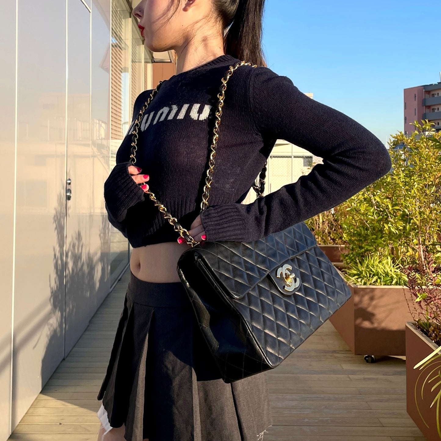 CHANEL Matelassé Jumbo CC LOGO Chain Shoulder Single Flap Bag Black & Gold #