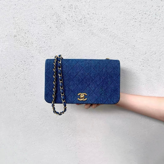 RARE☆☆☆☆CHANEL Matelassé Denim Full Flap Chain Shoulder Bag #