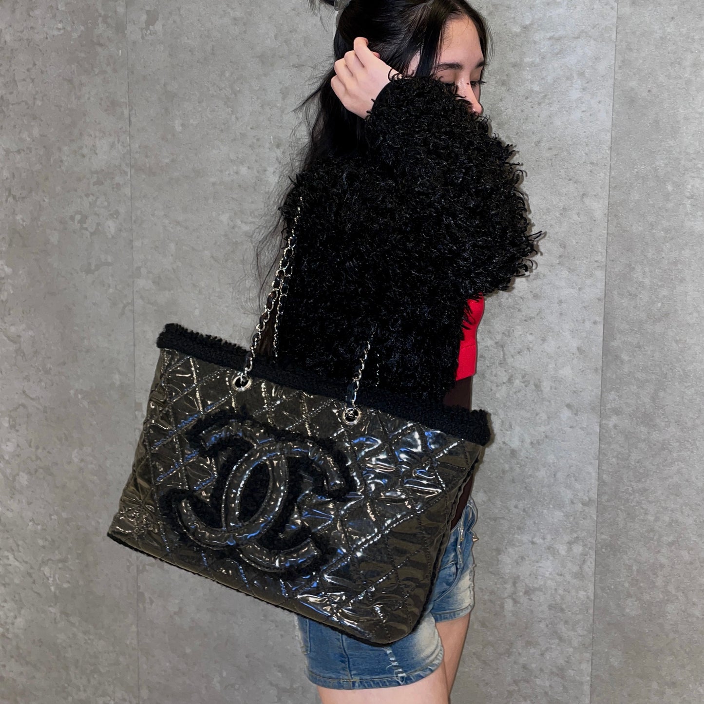 RARE☆☆☆CHANEL Matelasse Jumbo Coco Mark Fleece PVC Chain Shoulder Tote Bag