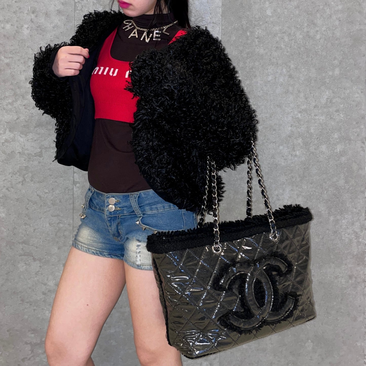 RARE☆☆☆CHANEL Matelasse Jumbo Coco Mark Fleece PVC Chain Shoulder Tote Bag