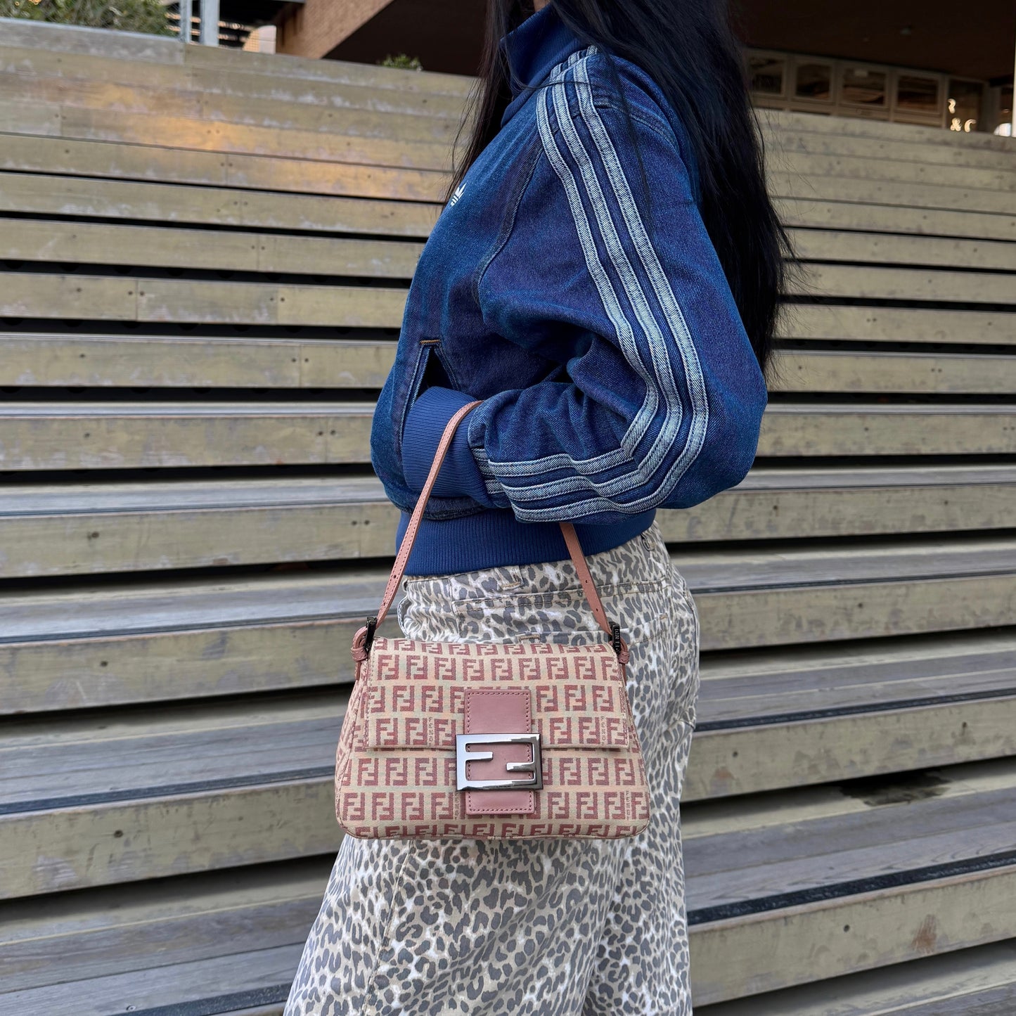 RARE☆☆☆FENDI Zucchino Mini Mamma Baguette Shoulder Bag Pink & Beige