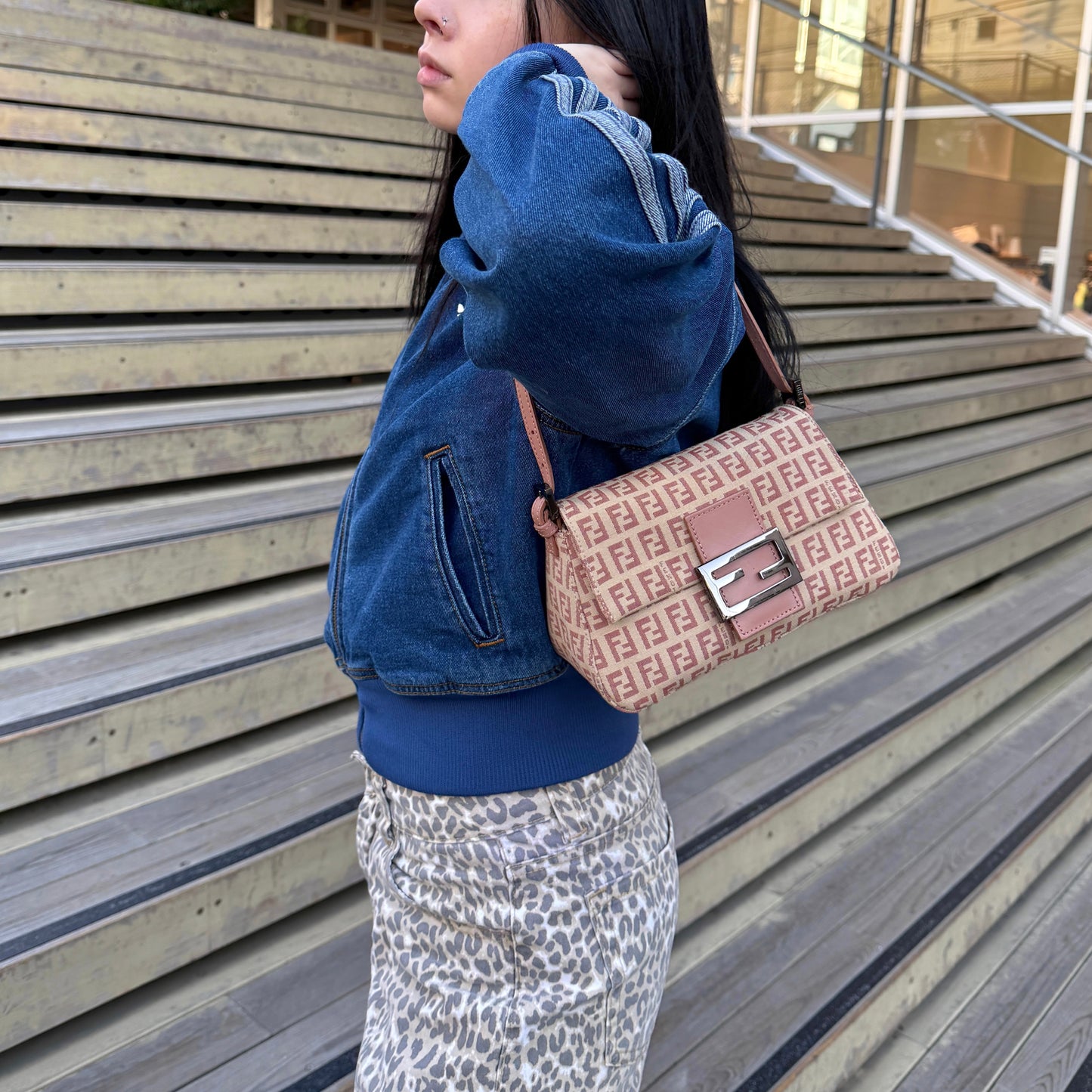 RARE☆☆☆FENDI Zucchino Mini Mamma Baguette Shoulder Bag Pink & Beige