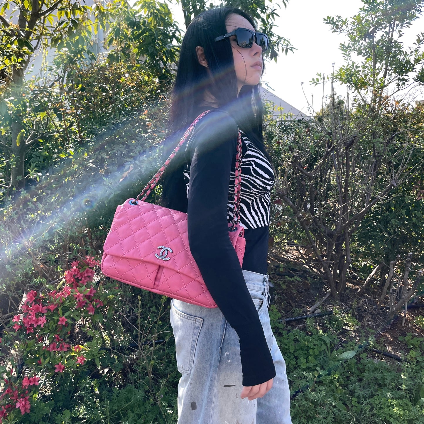 CHANEL Wild Stitch Pocket Double Chain Shoulder Flap Bag #