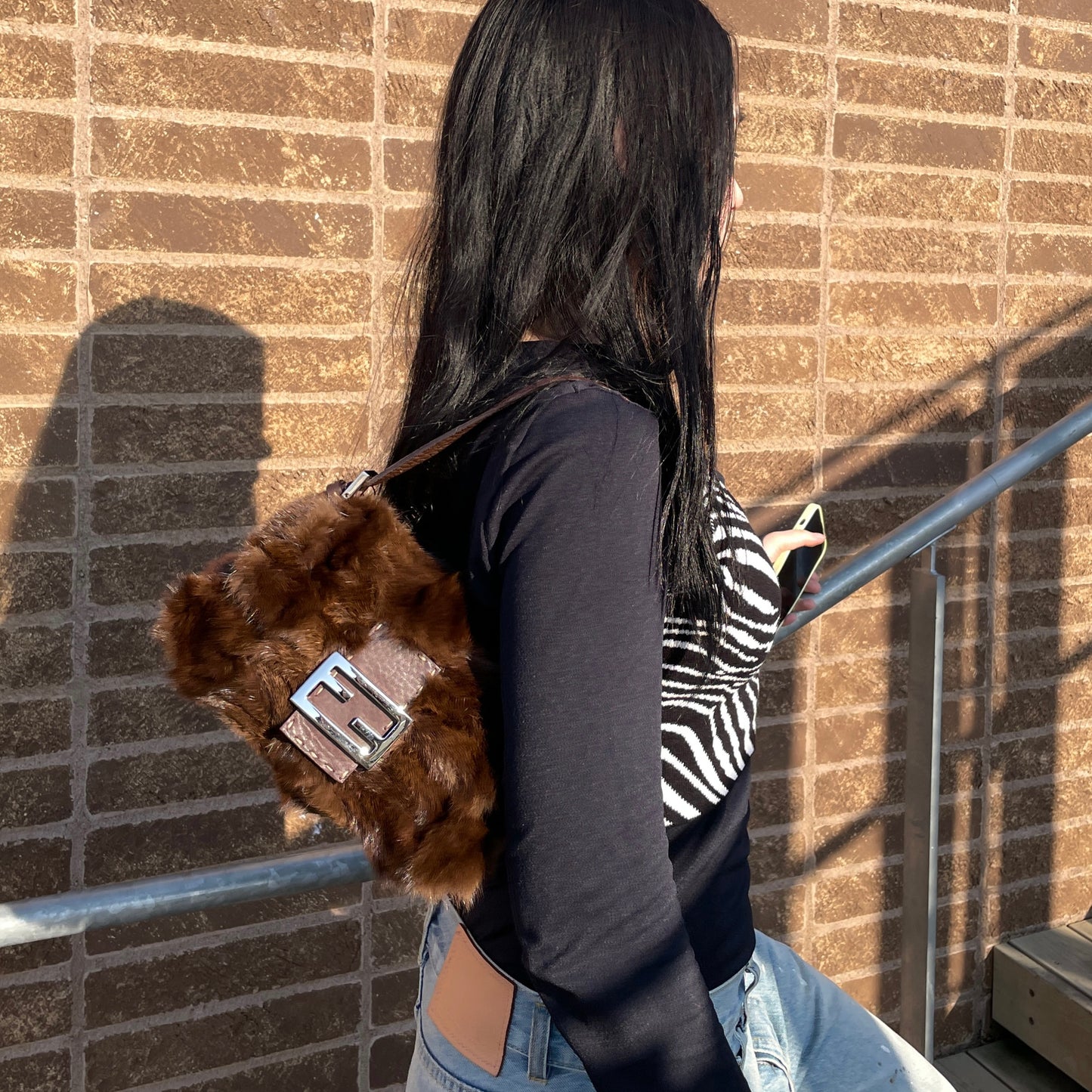 RARE☆☆☆☆☆FENDI Selleria Mink Fur Mini Mamma Baguette Shoulder Bag Brown & Silver #
