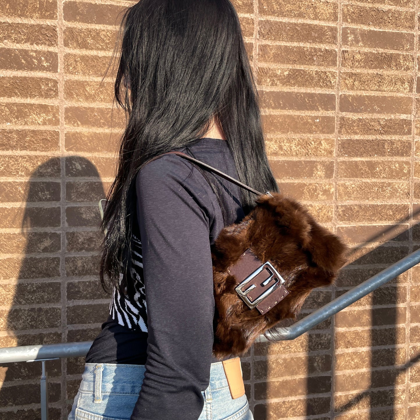 RARE☆☆☆☆☆FENDI Selleria Mink Fur Mini Mamma Baguette Shoulder Bag Brown & Silver #