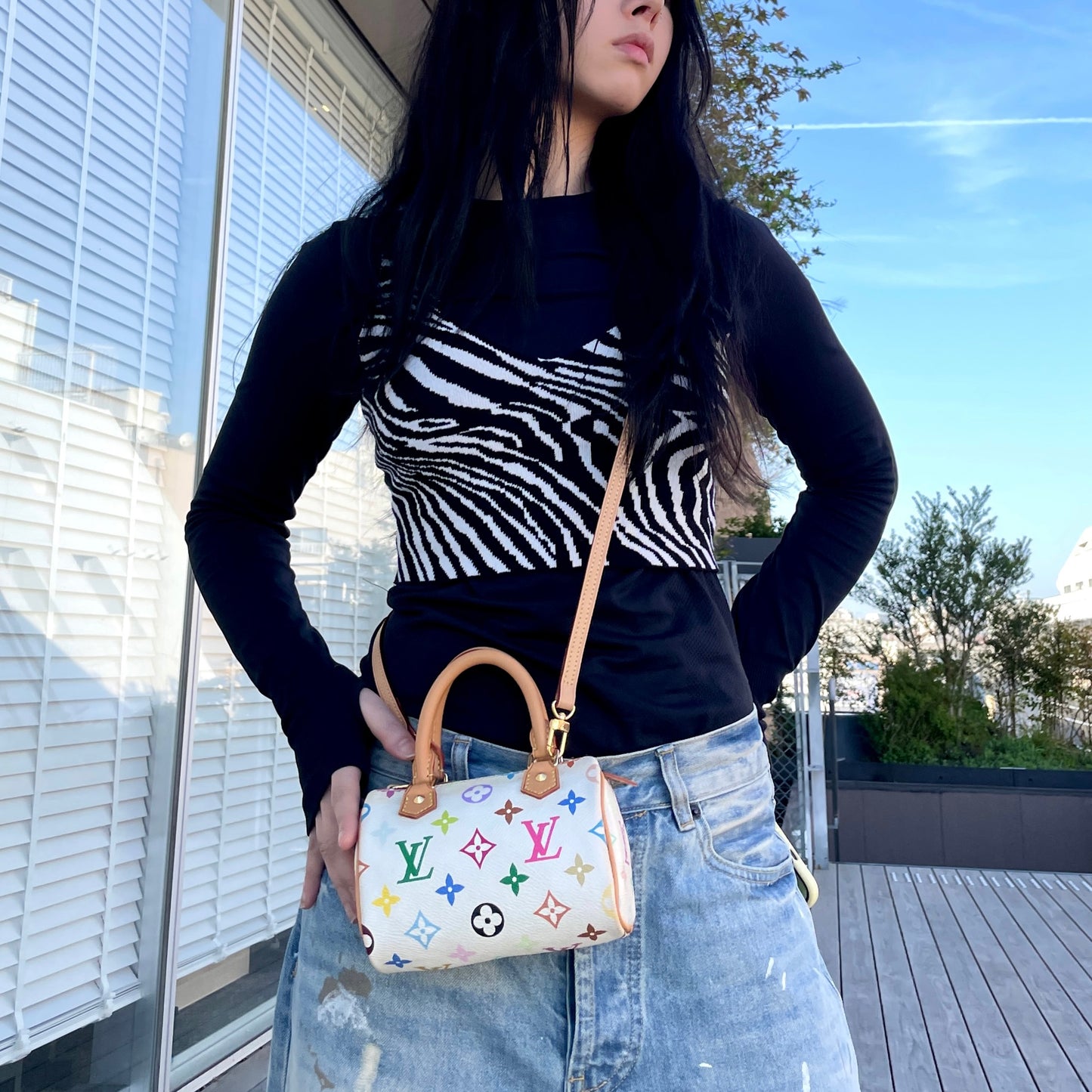 RARE☆☆☆☆LOUIS VUITTON Monogram Multicolor White Mini Speedy M92645/With Strap #