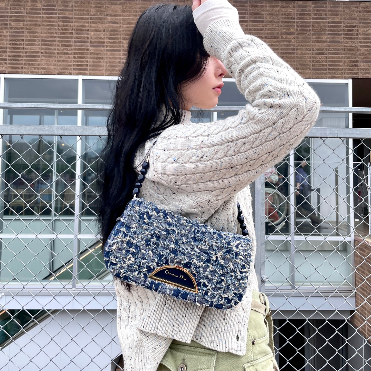 RARE☆☆☆☆☆CHRISTIAN DIOR Patchwork Denim Tweed-Style Malice Pearl Shoulder Bag Navy & Gold