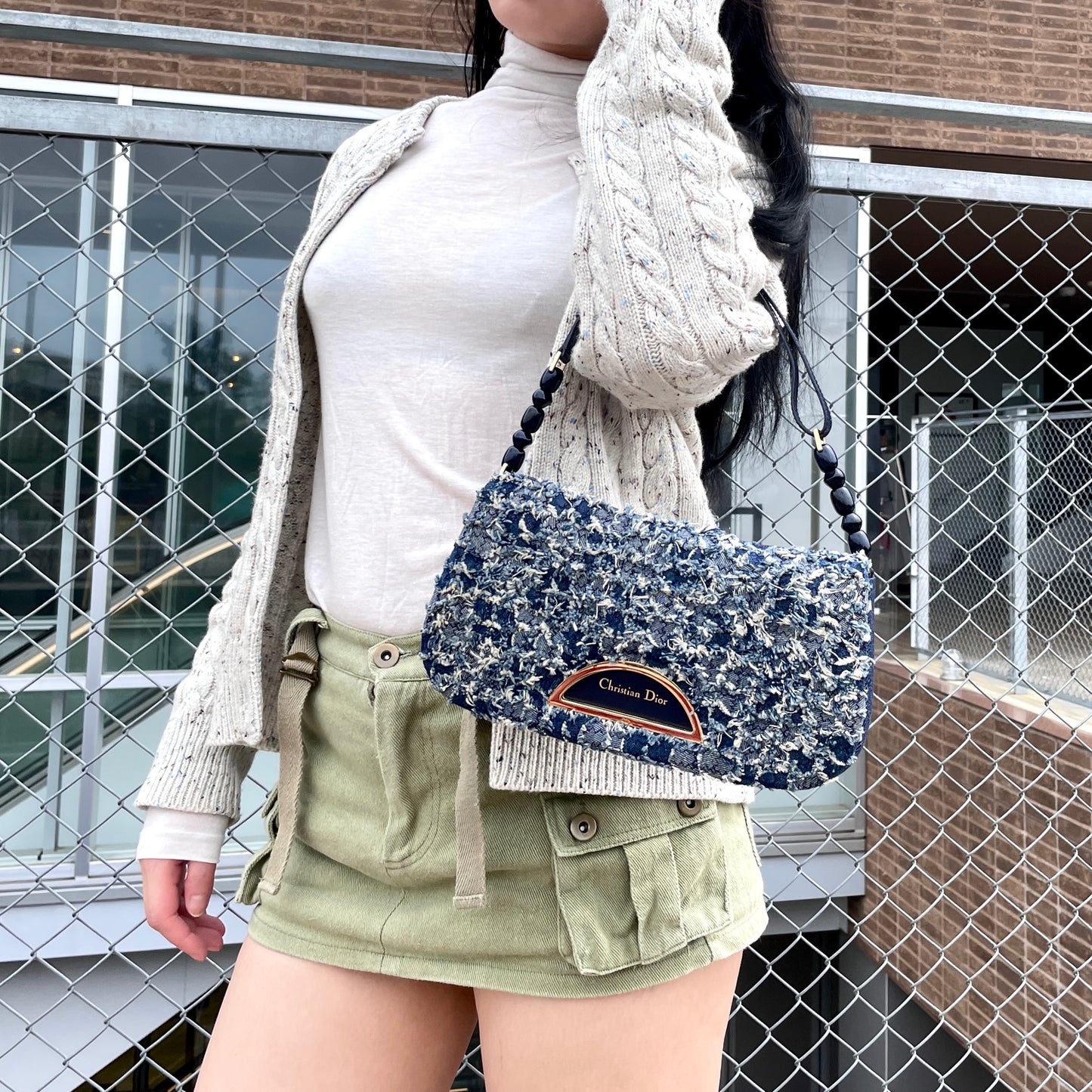 RARE☆☆☆☆☆CHRISTIAN DIOR Patchwork Denim Tweed-Style Malice Pearl Shoulder Bag Navy & Gold
