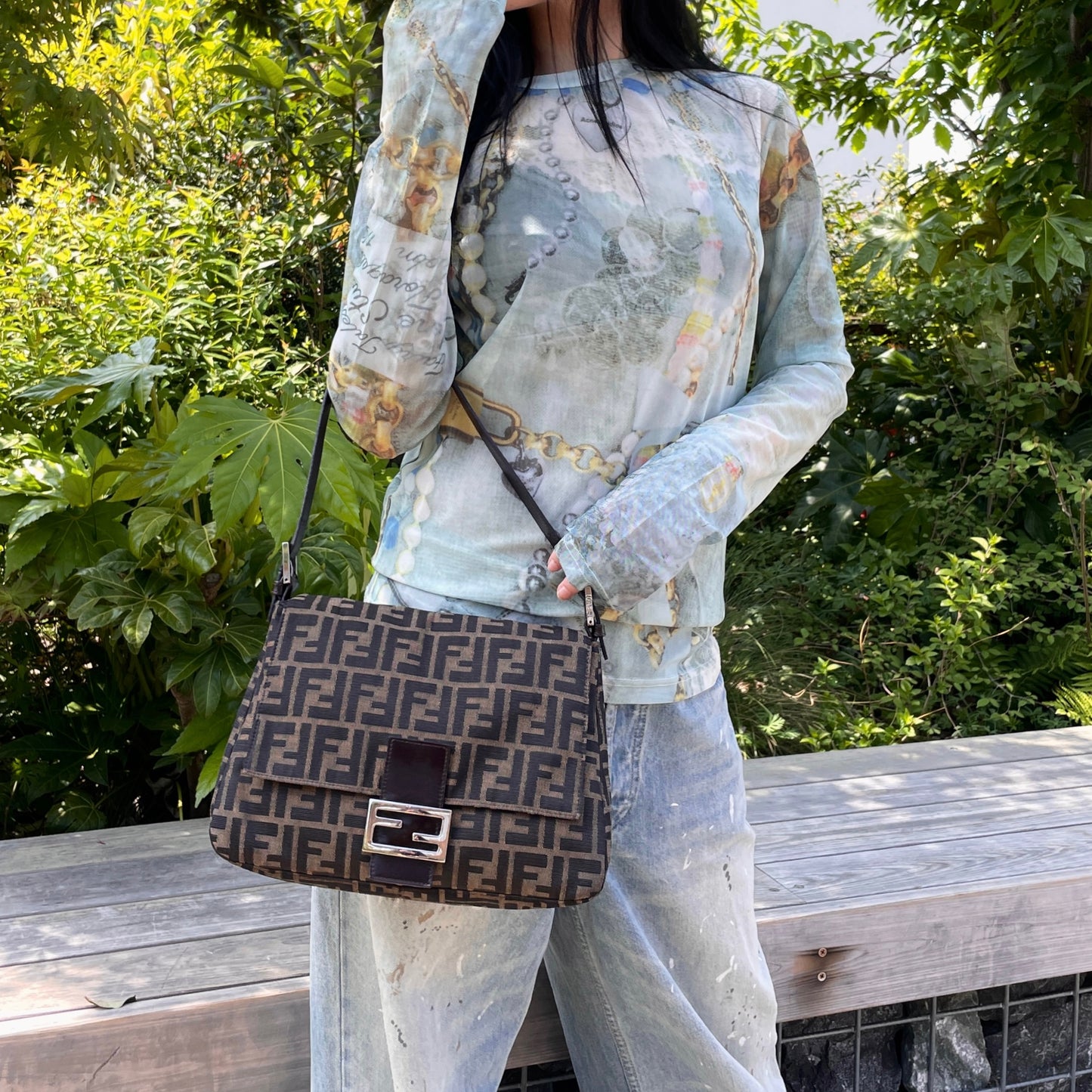 FENDI Zucca Canvas Mamma Baguette GM Shoulder Bag Brown & Silver