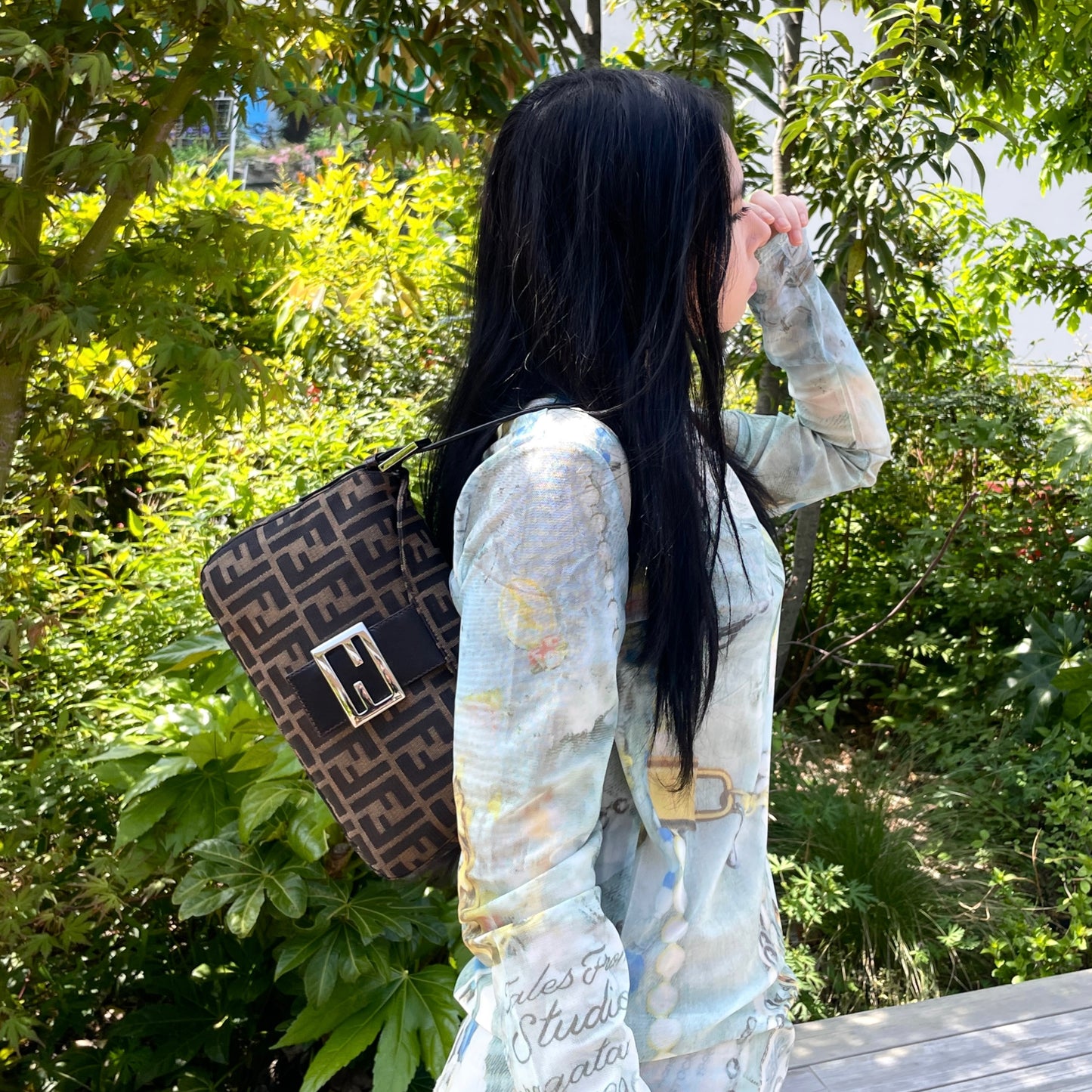 FENDI Zucca Canvas Double Round Flap Mamma Baguette Shoulder Bag PM Brown & Silver