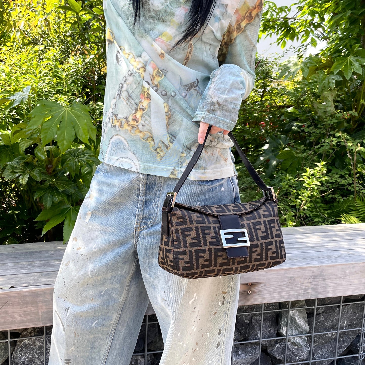 FENDI Zucca Canvas Double Round Flap Mamma Baguette Shoulder Bag PM Brown & Silver