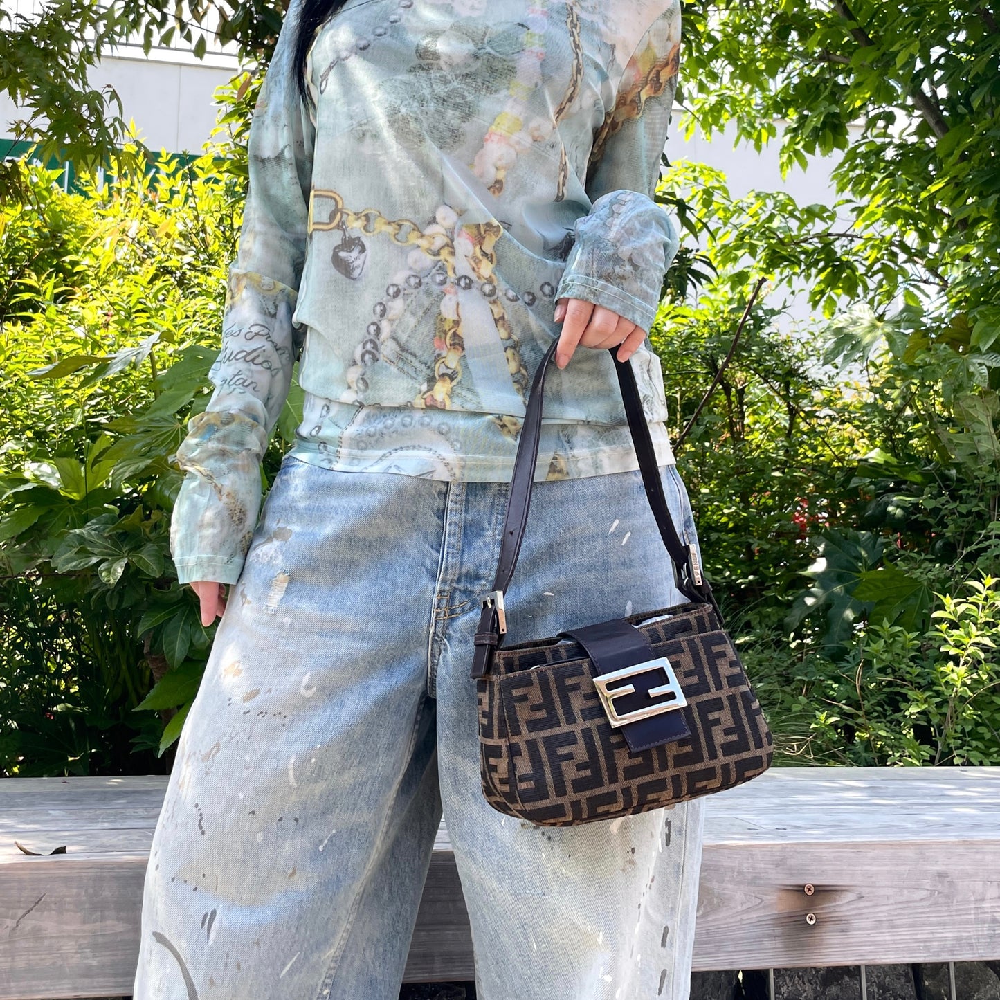 RARE☆☆☆☆FENDI Zucca Canvas Mini Mamma Baguettte Shoulder Bag Brown & Silver