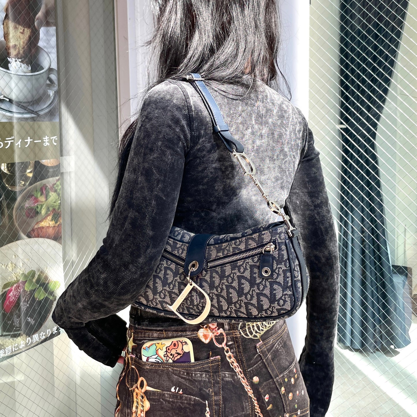 RARE☆☆☆☆☆CHRISTIAN DIOR Trotter Canvas Street Chic D Pendant Hobo Shoulder Bag Navy & Silver