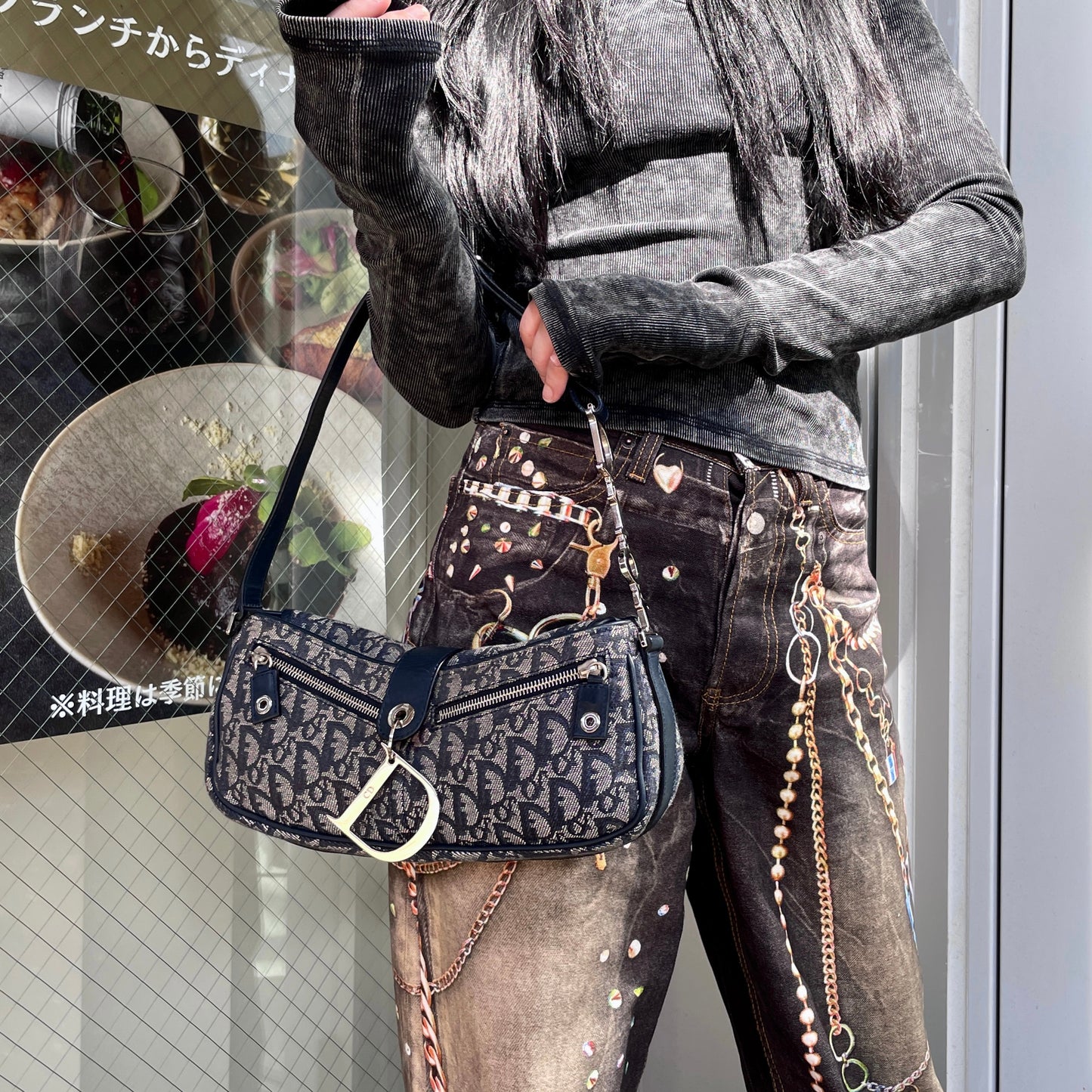 RARE☆☆☆☆☆CHRISTIAN DIOR Trotter Canvas Street Chic D Pendant Hobo Shoulder Bag Navy & Silver