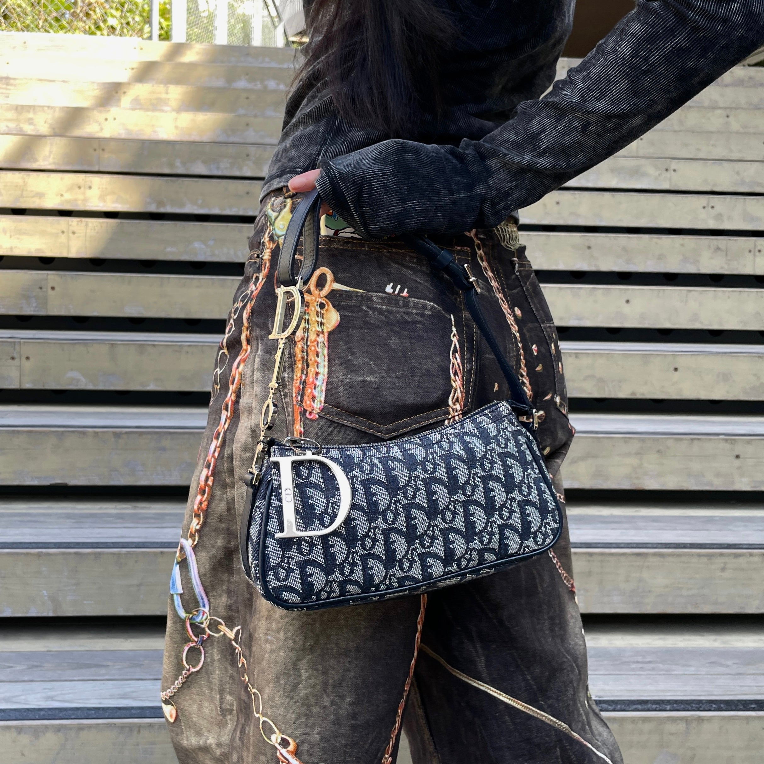 RARECHRISTIAN DIOR Trotter Canvas D Pendant Shoulder Bag/Pouch Nav
