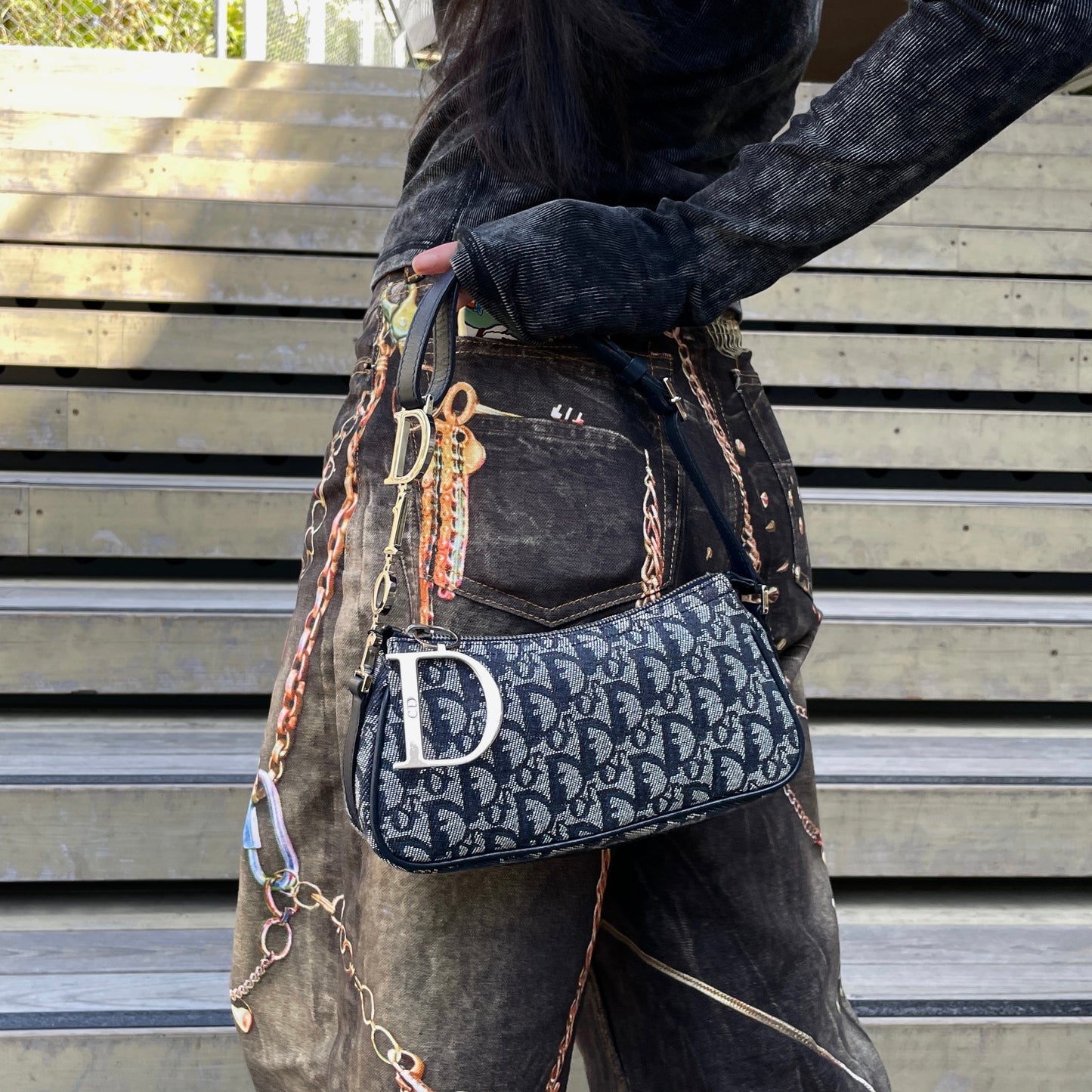 RARE☆☆☆☆CHRISTIAN DIOR Trotter Canvas D Pendant Shoulder Bag/Pouch Navy &amp; Silver