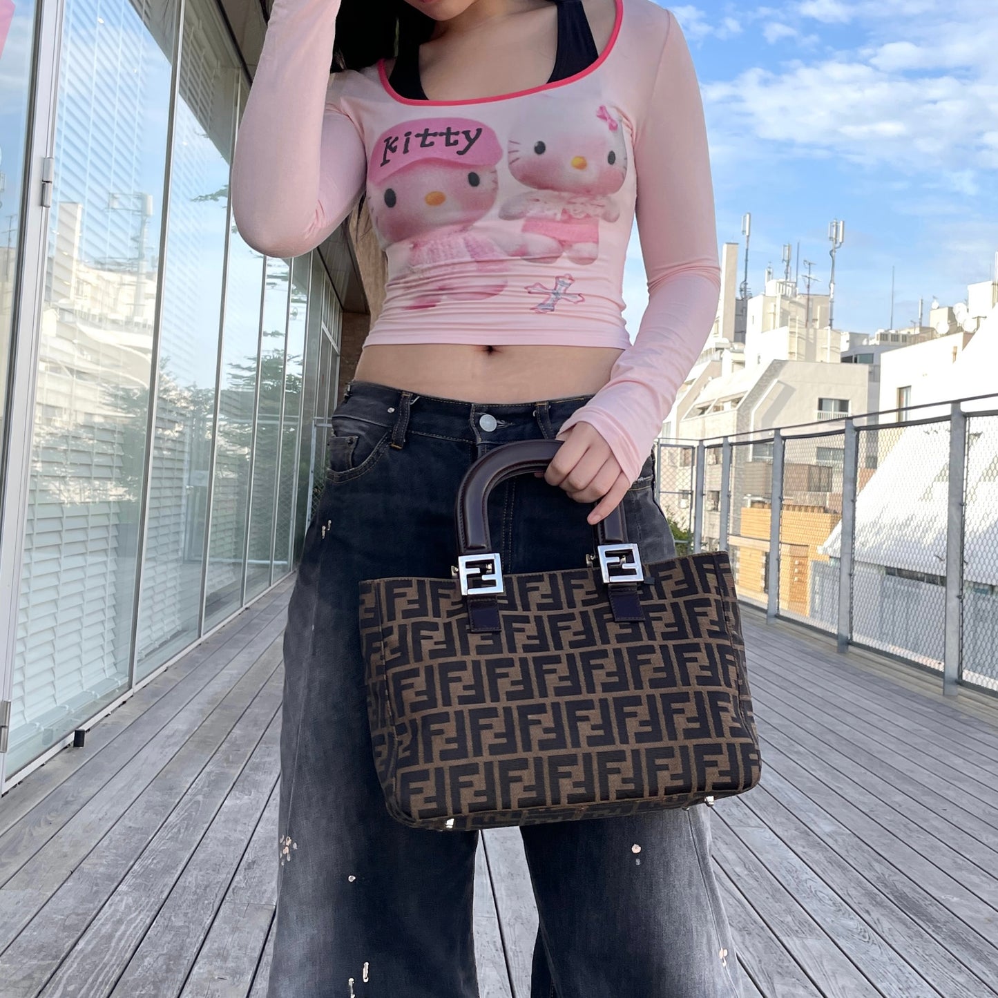 FENDI Zucca Canvas FF LOGOS Tote Hand Bag Brown &amp; Silver