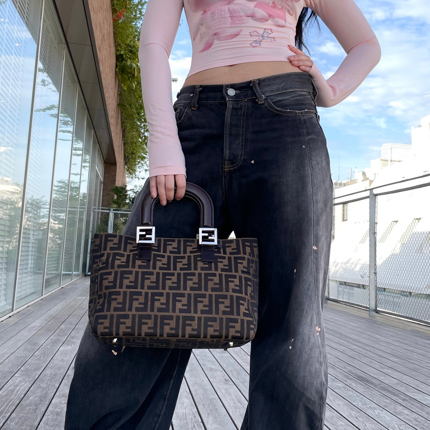 FENDI Zucca Canvas FF LOGOS Tote Hand Bag Brown &amp; Silver