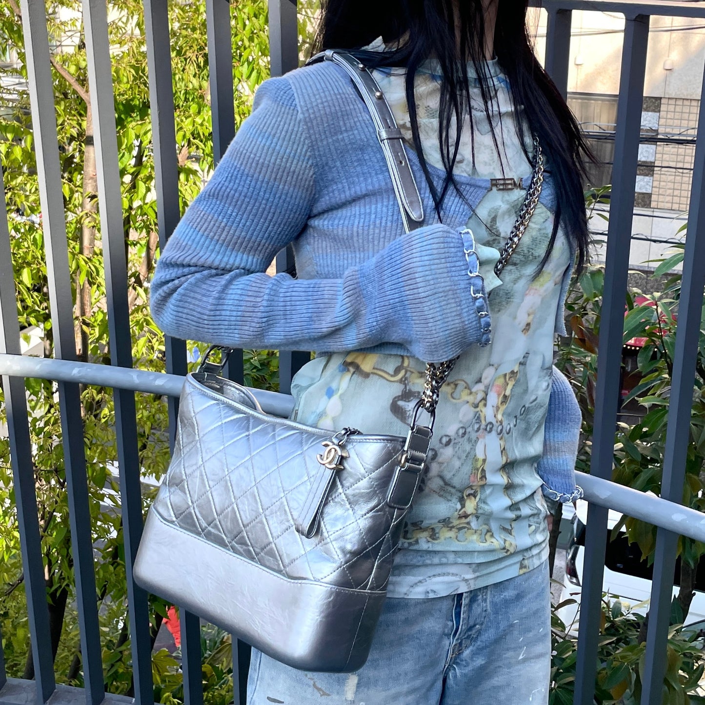 RARE☆☆☆CHANEL 2017 Gabrielle de Chanel Line Double Chains Shoulder Bag New Medium Silver & Gold