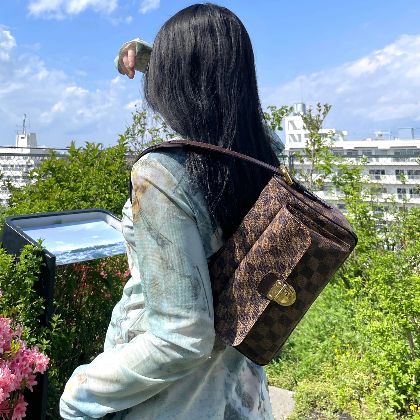 LOUIS VUITTON 2008 Damier Ebene Ravello GM Shoulder Bag Brown & Gold