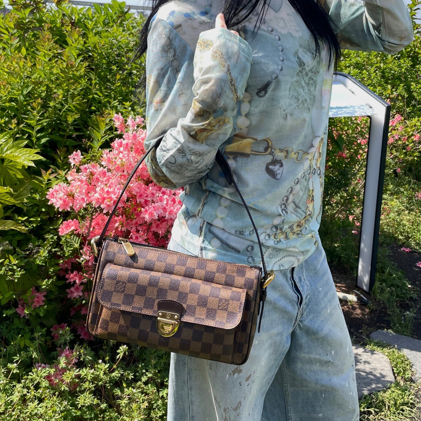 LOUIS VUITTON 2008 Damier Ebene Ravello GM Shoulder Bag Brown & Gold