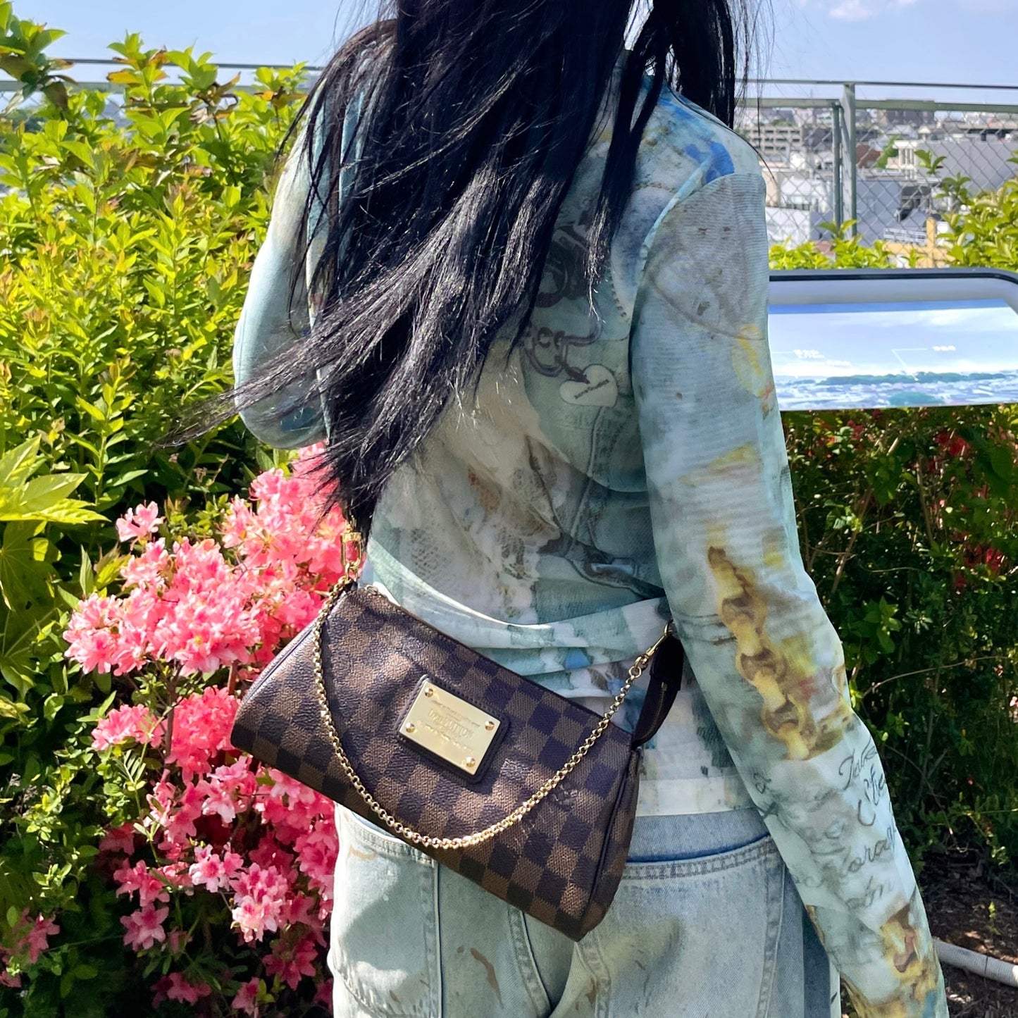 LOUIS VUITTON Damier Ebene Eva N55213 Chain Handle 2-Way Hand Bag Pouch Shoulder Bag Brown & Gold