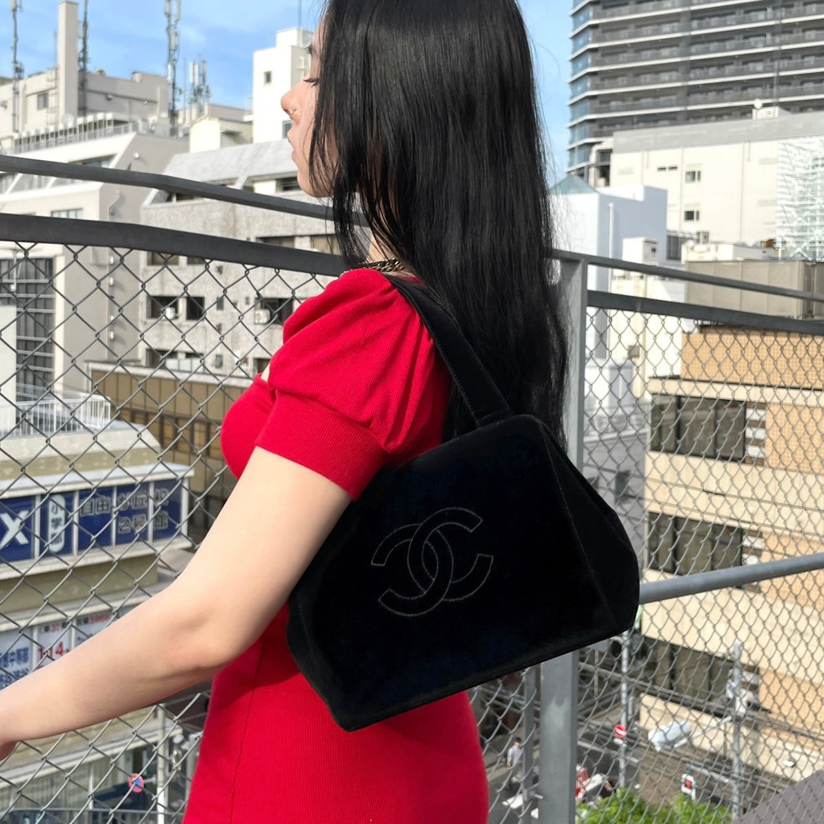 RARE☆☆☆CHANEL Velvet Jumbo Coco Mark Handbag Black