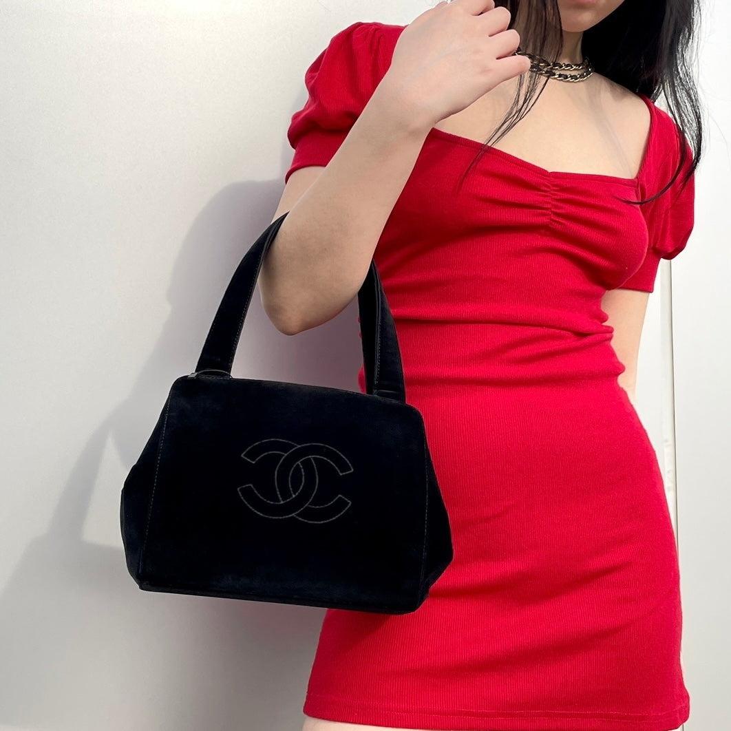 RARE☆☆☆CHANEL Velvet Jumbo Coco Mark Handbag Black