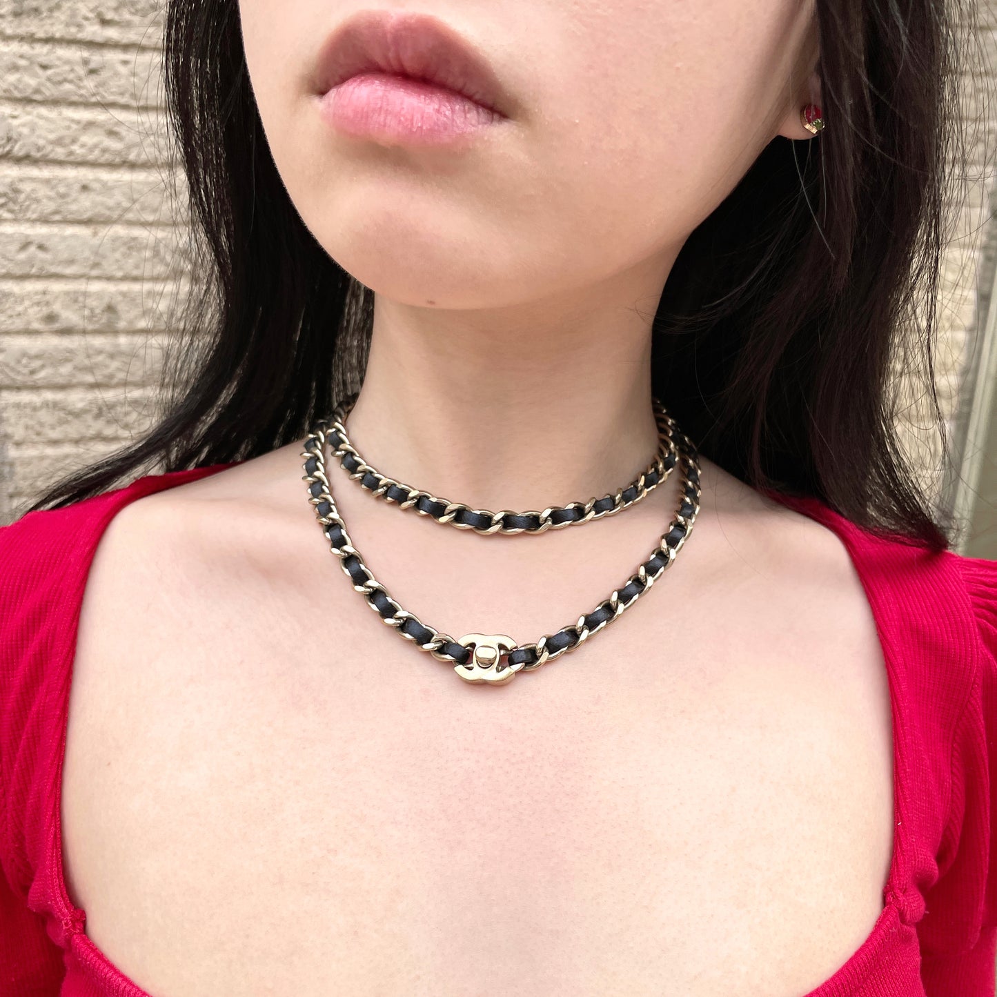 CHANEL Matelassé CC LOGO Trun Lock Necklace &amp; Chain Belt Black &amp; Gold