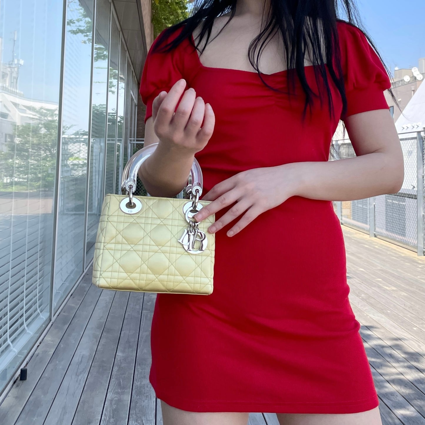 RARE☆☆☆☆CHRISTIAN DIOR Lady-Dior Cannage Satin Mini Hand Bag Yellow & Silver
